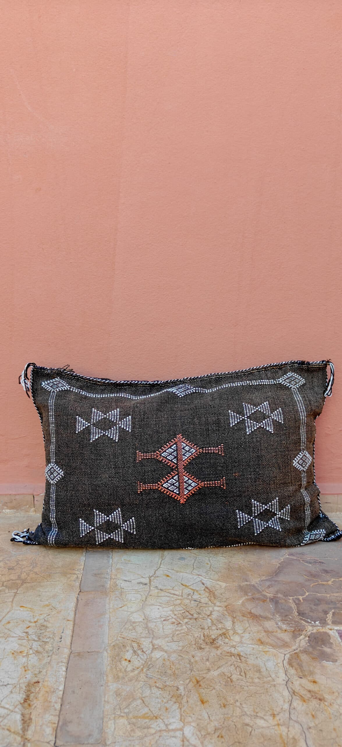 Sabra Lumbar Cushion - Charcoal Black & Terracotta Diamond