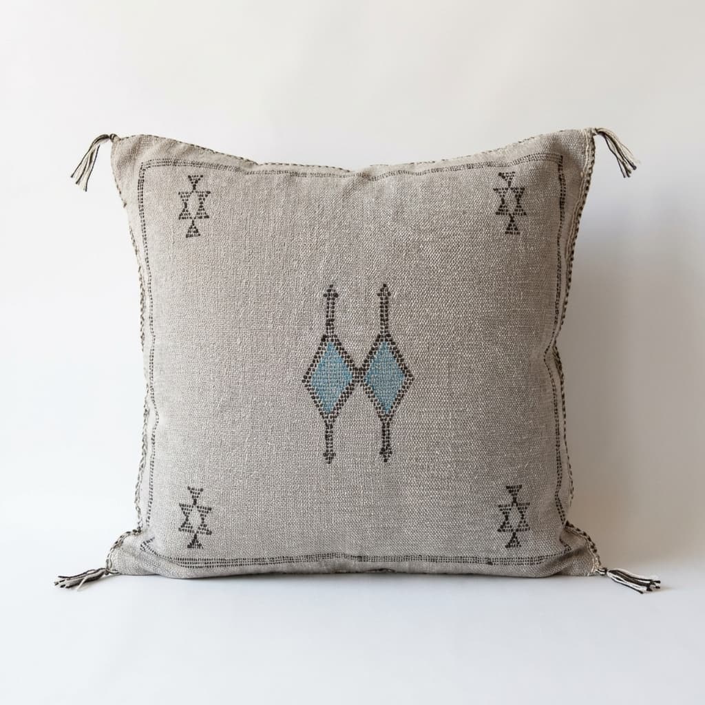 Authentic Moroccan Sabra Silk Cushion - Grey with Blue Embroidery (Handmade)