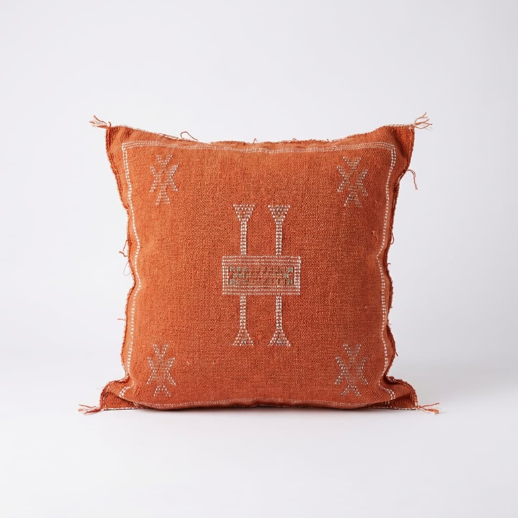 Authentic Sabra Silk Cushion - Rust Terracotta with White & Teal Embroidery (Handmade)